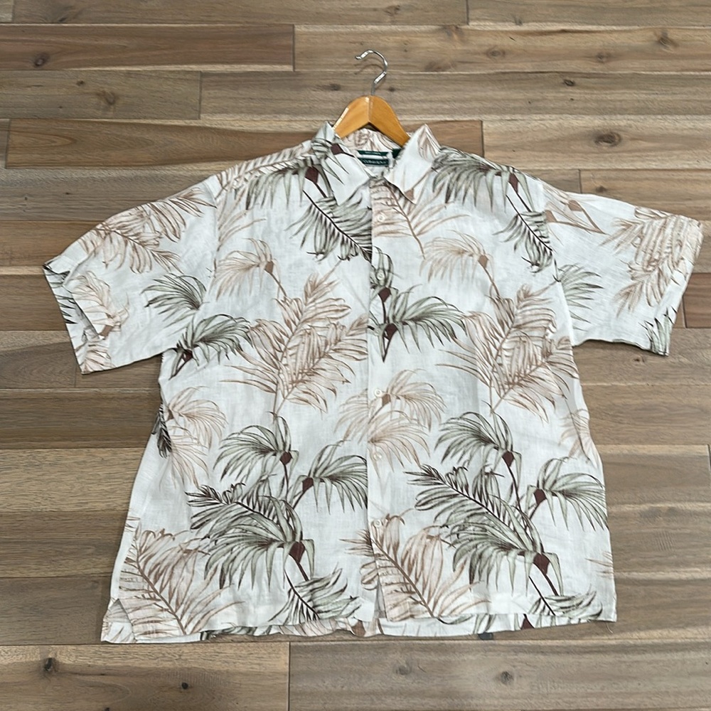 Cubavera white green Brown tropical leaf resort Casual Button Down Shirt
